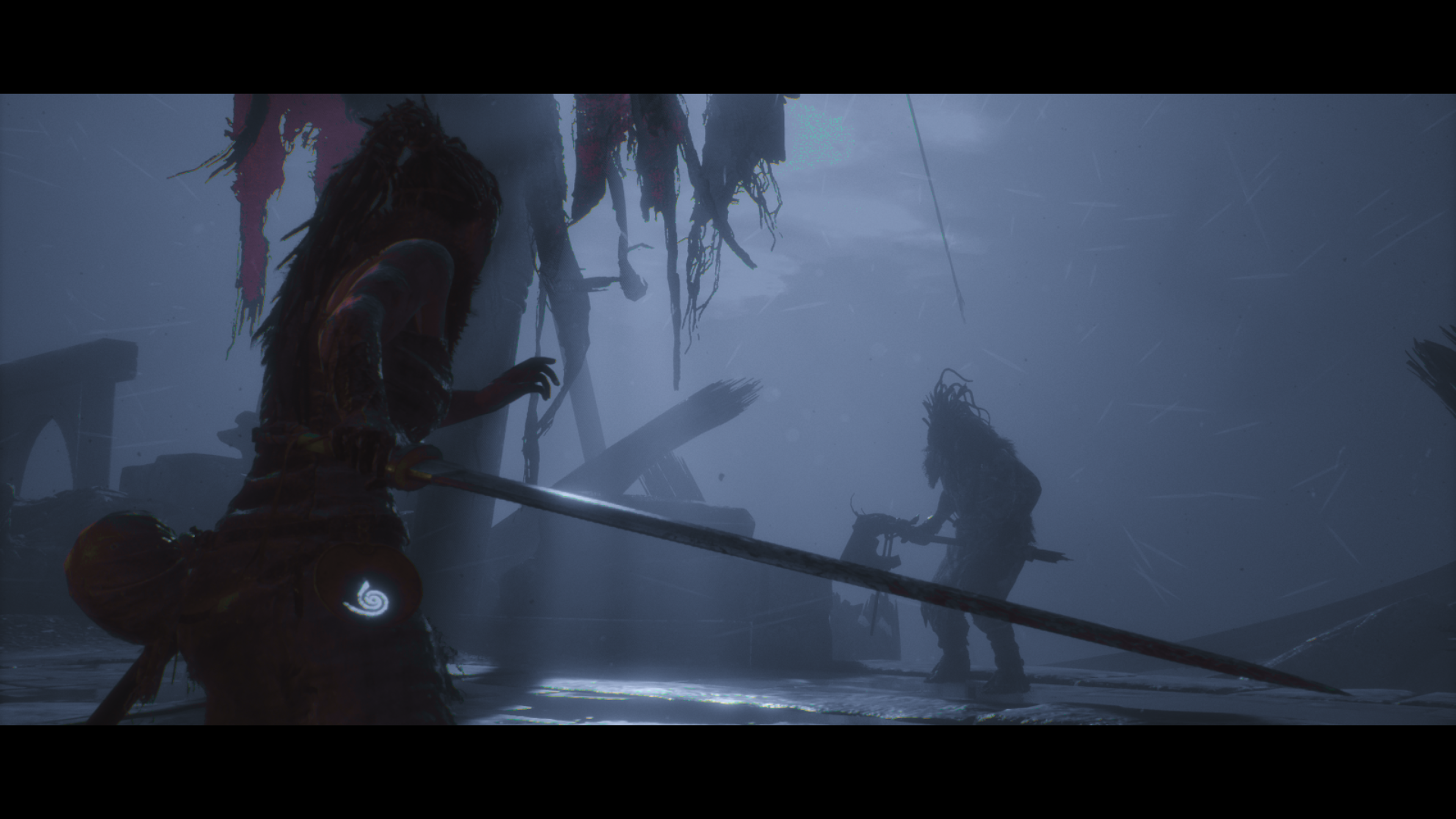 The player-character, Senua, in the game Hellblade (screenshot).