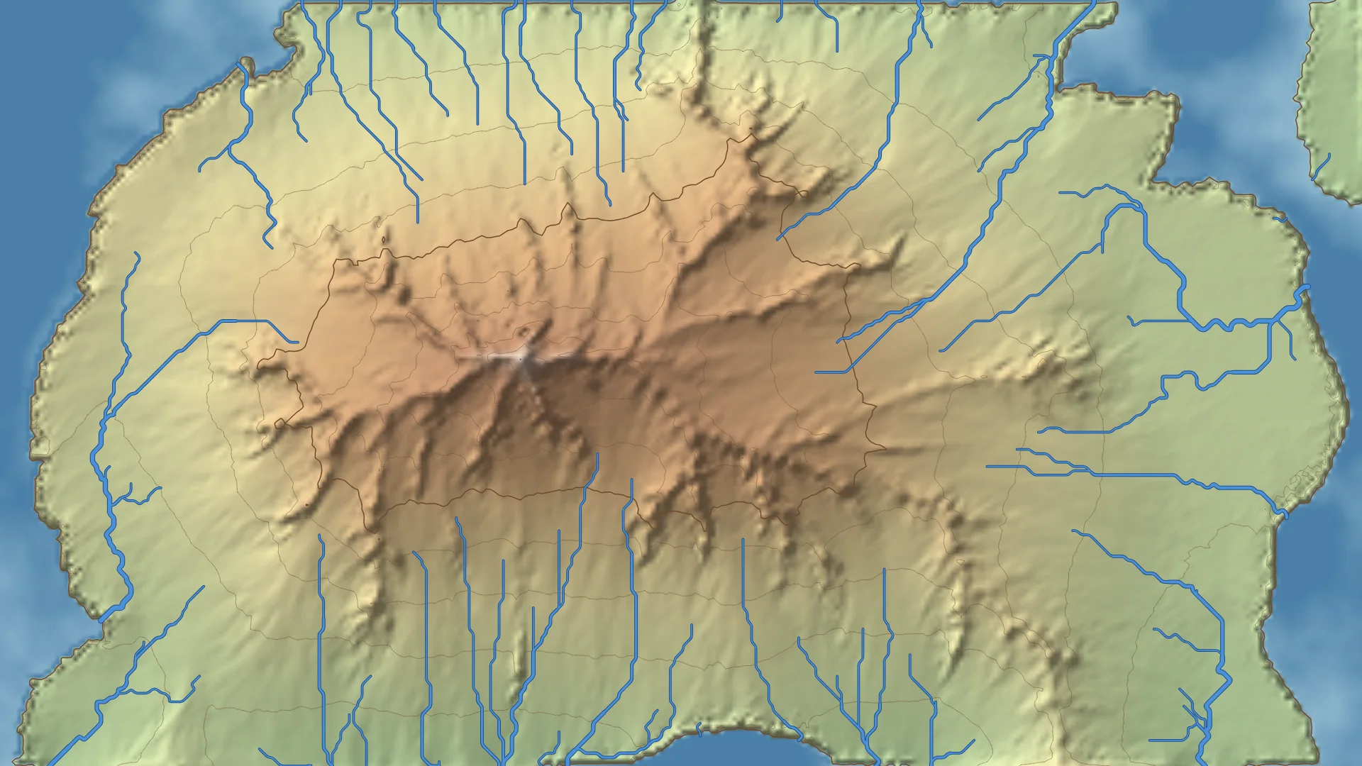 The same island after erosion: sharp valleys cut into the mountain on every side, smooth plains around it, and land built out into most of the sea