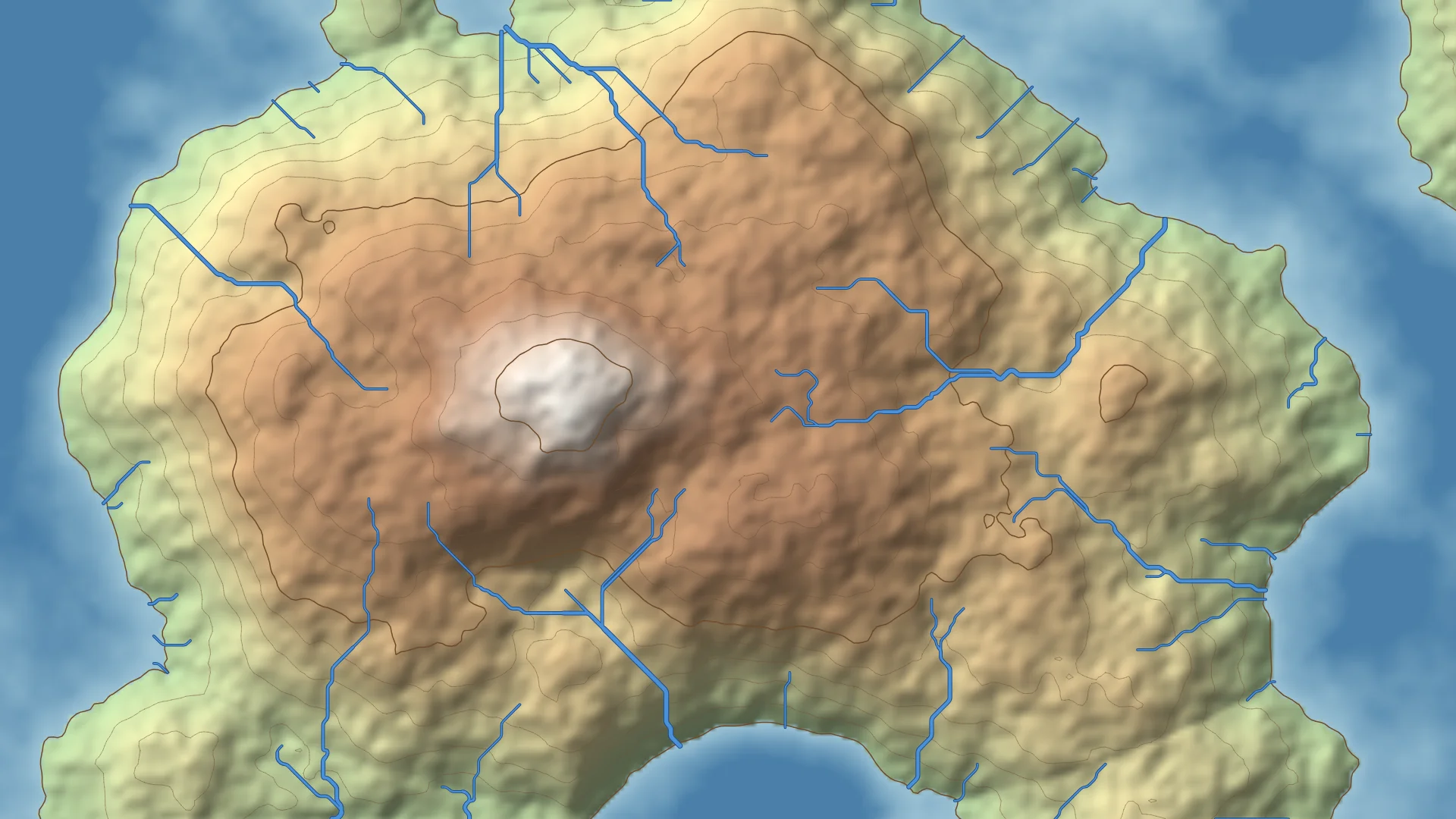 A Perlin noise island as a topographic map: a lumpy brown and white mountain in the middle, green lowlands, a wide blue sea around it