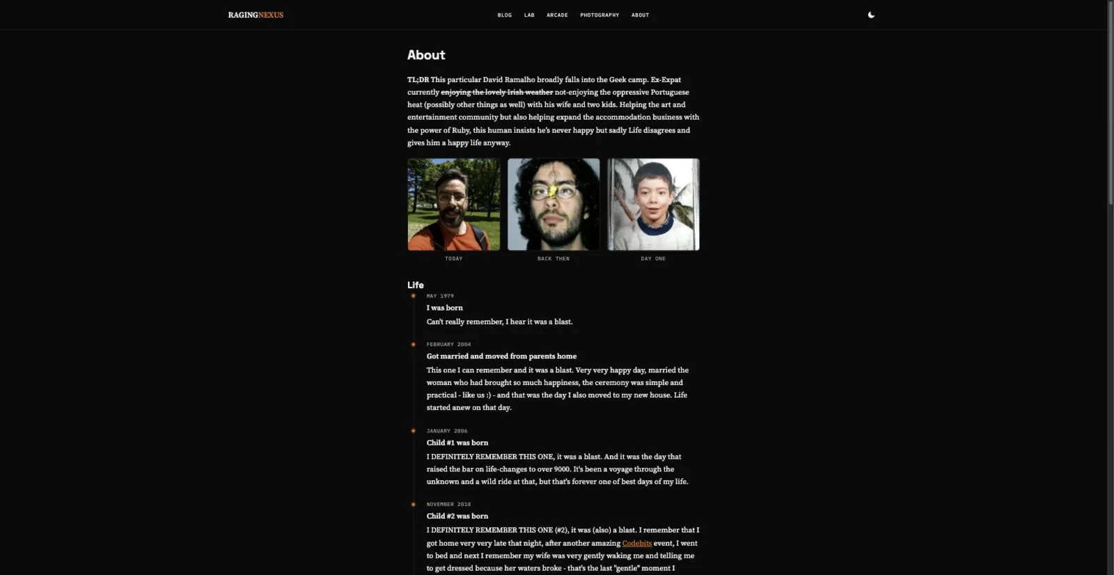 The About page's new life timeline, with a portrait row above it