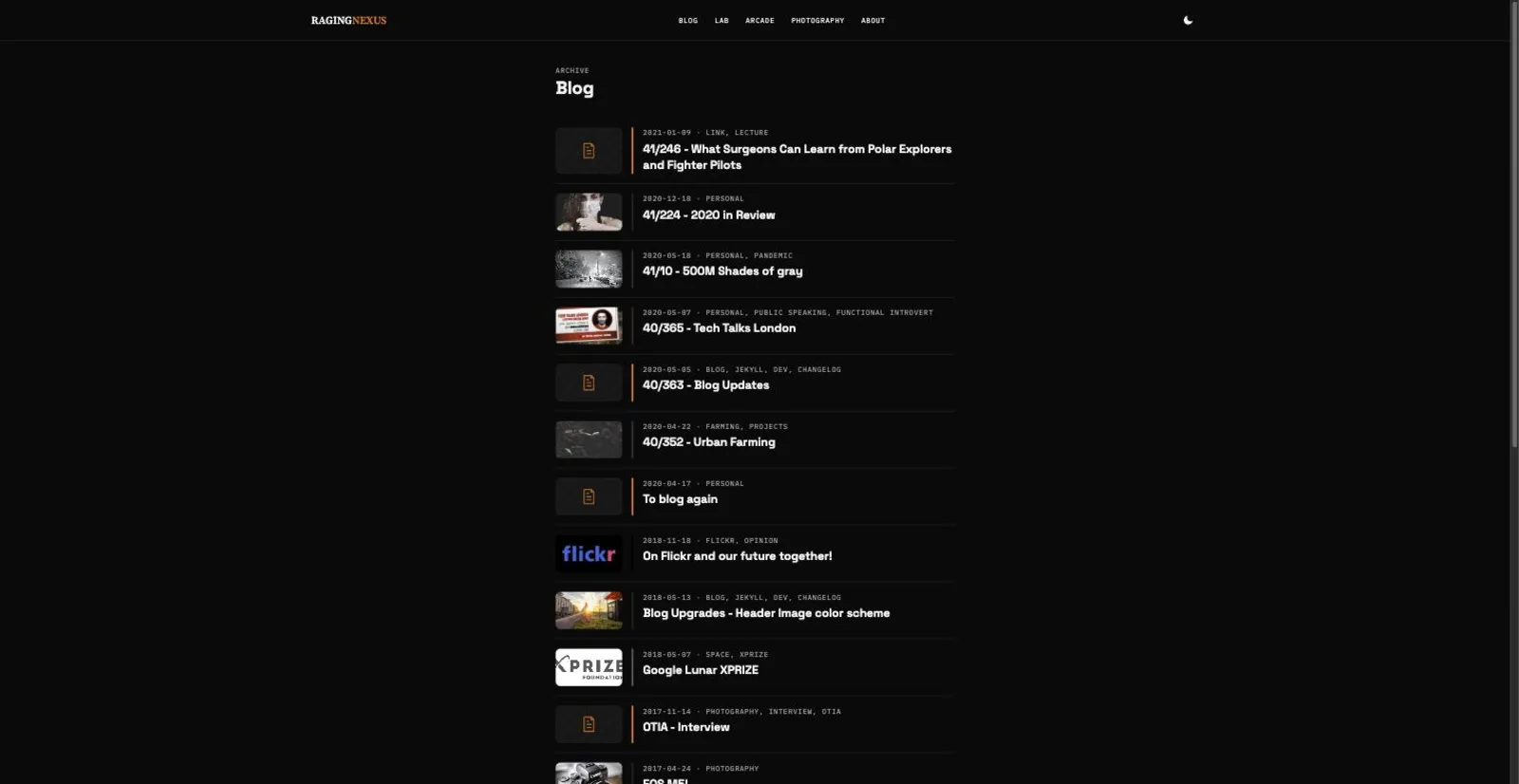 The blog index, showing thumbnail rows with cover images and dates