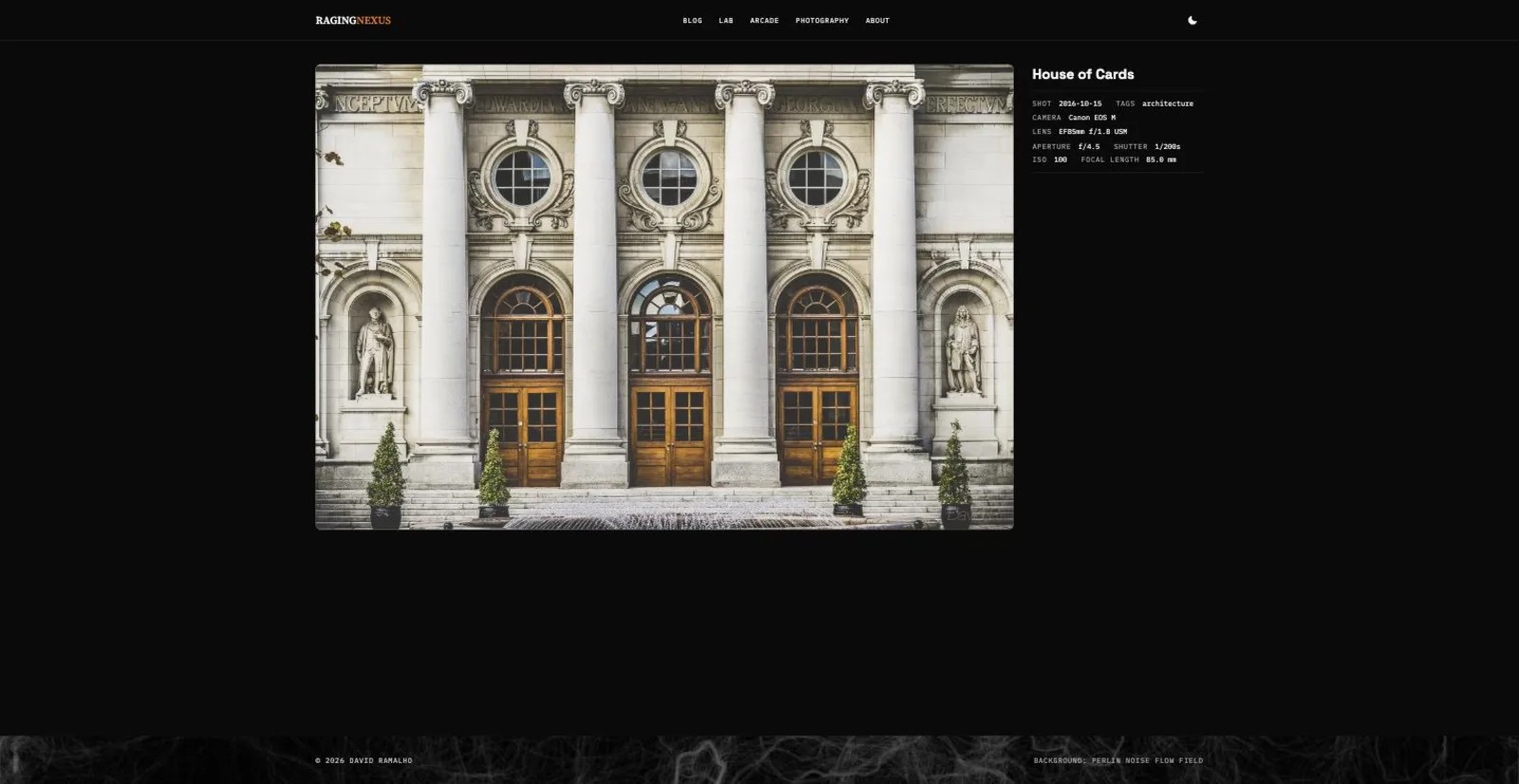 A photography detail page with a two-column layout, the image taking most of the width